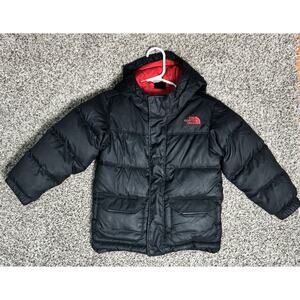 The North Face Toddler 3T 650 Down Puffer Jacket Black Red Hooded Winter Coat